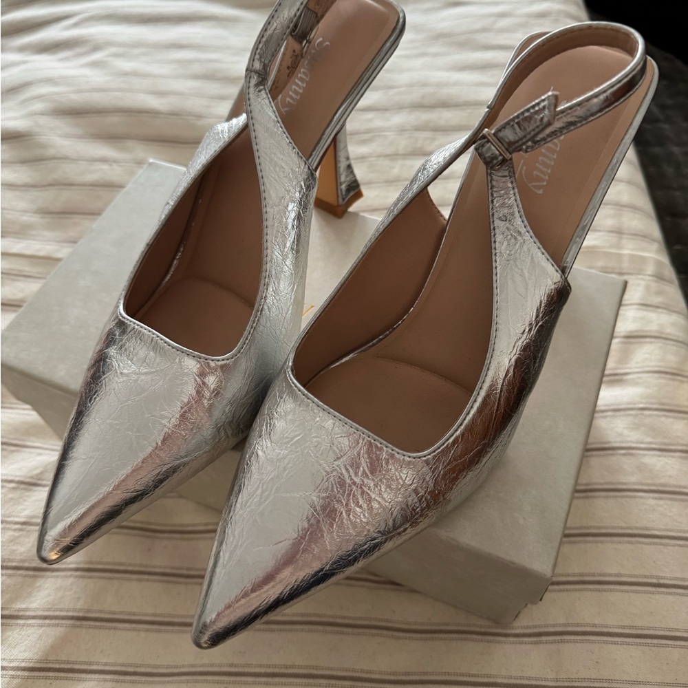 Amazon Shiny Silver Pointed Heels
